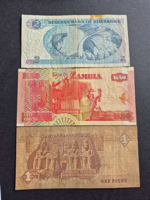 3 x Africa Notes- Zimbabwe 2 Dollars, Zambia 50 Kwacha and Egypt One Pound