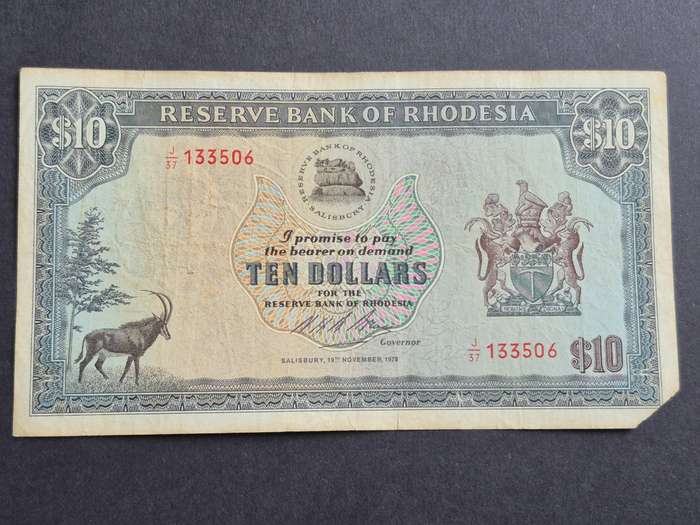 Reserve Bank of Rhodesia 10 Dollars Salisbury 19 November 1975 Rhodes Watermark- Filler note