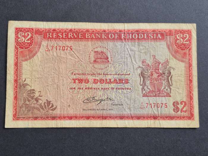 Reserve Bank of Rhodesia 2 Dollars Rhodes Watermark 10 April 1979