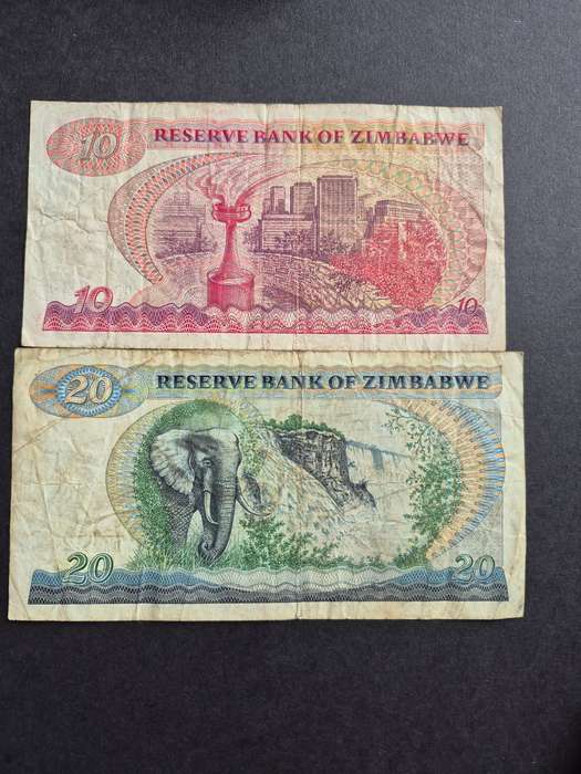 Reserve Bank of Zimbabwe 10 Dollars Harare 1983 and 20 Dollars Harare 1994