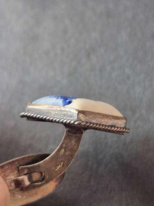 Vintage Dutch Sterling Silver and Delft Porcelain Windmill scheme Cufflinks 7.5g