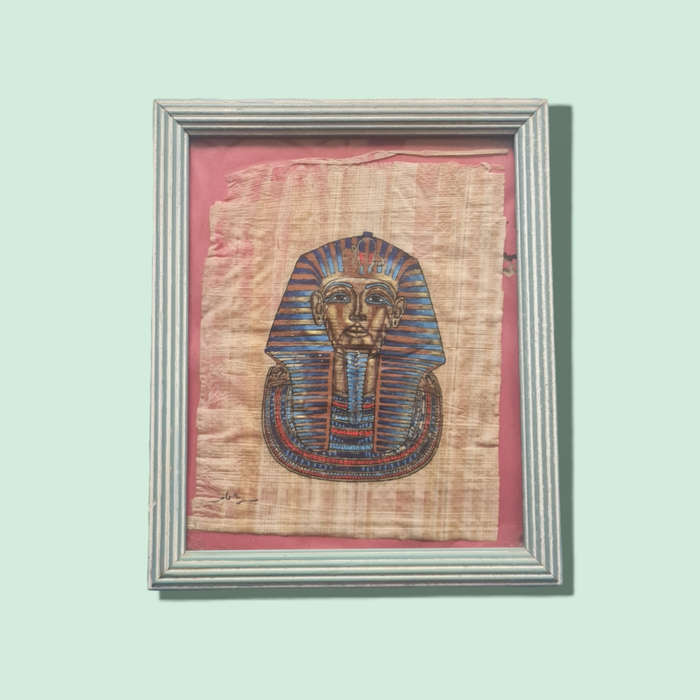 Vintage Egyptian King Tut Tutankhamun Golden Mask Painting on Papyrus