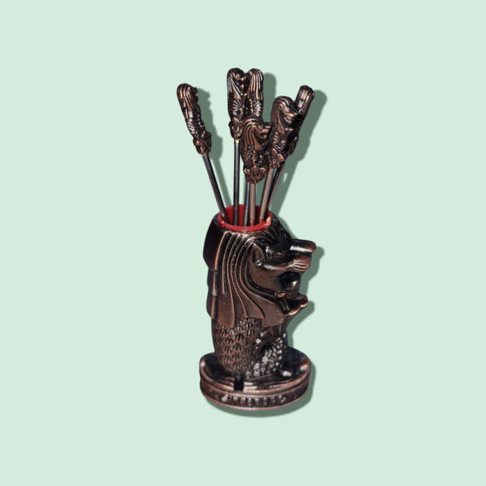 Singapore Merlion Mermaid/Lion Brass Set of 6 Forks Cast Metal Holder
