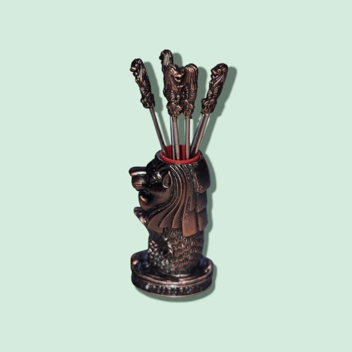 Singapore Merlion Mermaid/Lion Brass Set of 6 Forks Cast Metal Holder