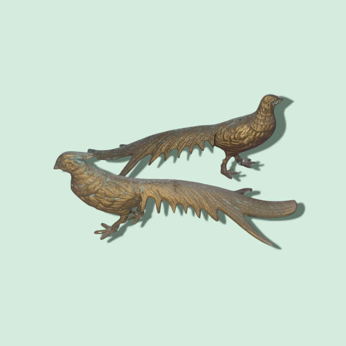 Vintage Pair of Metal Peacock Pheasant Figurines Bird Ornament Décor