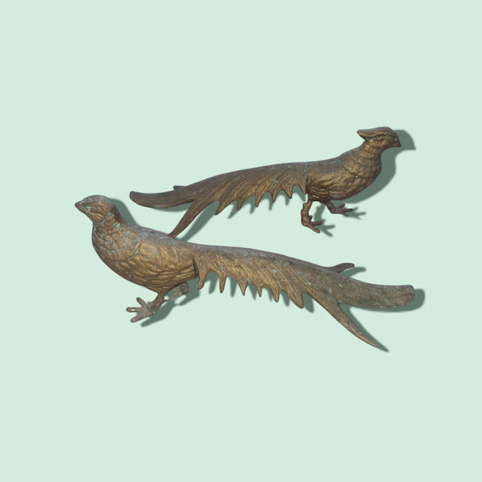 Vintage Pair of Metal Peacock Pheasant Figurines Bird Ornament Décor