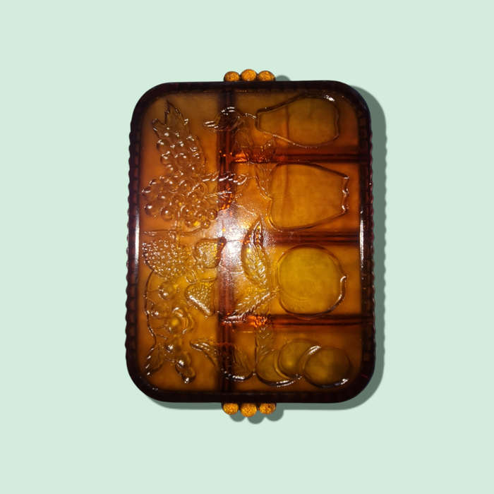 Indiana Glass Large Amber 5 Part Divided Relish Snack Platter Tray Fruit Design