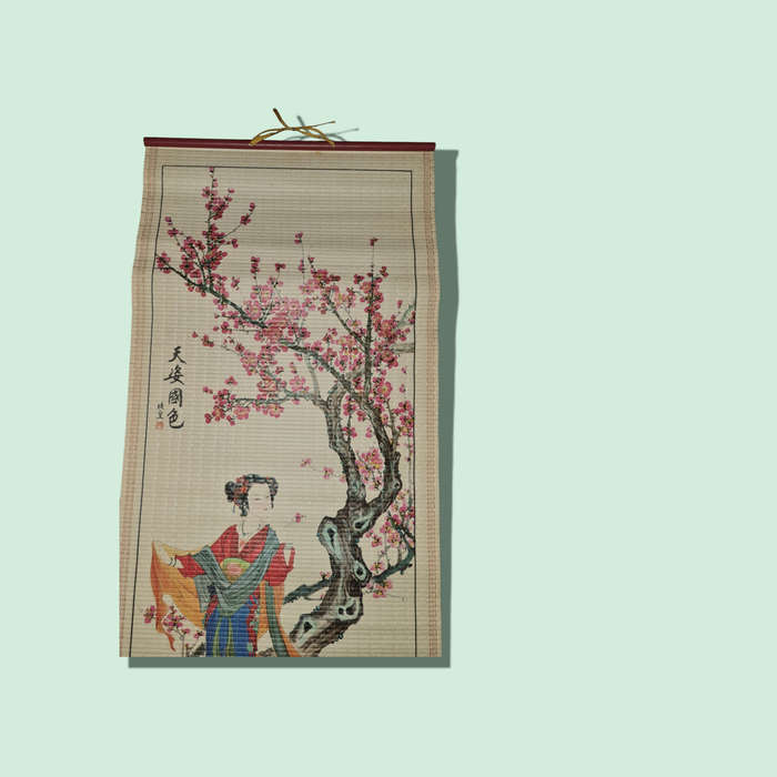 Vintage Asian Painted Bamboo Scroll