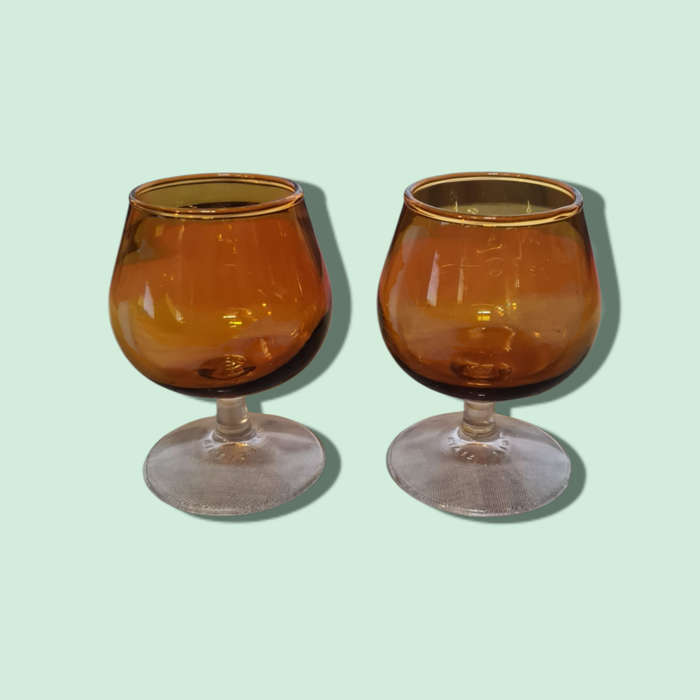 Vintage Finelsa Spain Amber Orange Glass Top Clear Base Brandy Glass