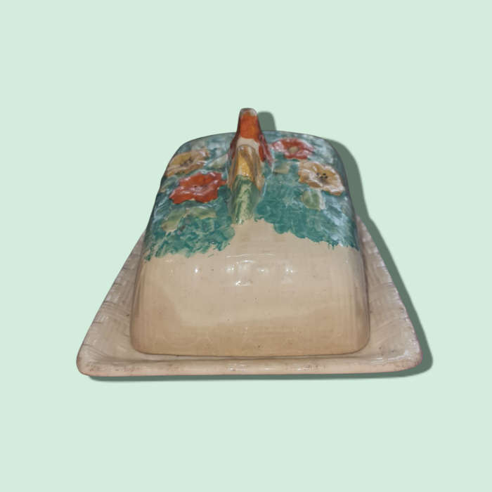 English Hand Painted Butter Dish With Flower. Arthur Wood Art Deco California Pattern