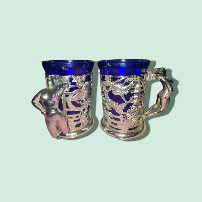Two Stylish Naked Lady mugs- Blue Glass & Chrome  Mug Oriental Theme  Vintage 1960s  Mid Century