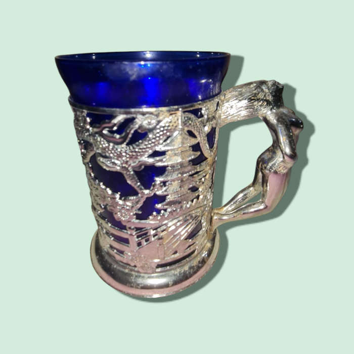 Two Stylish Naked Lady mugs- Blue Glass & Chrome  Mug Oriental Theme  Vintage 1960s  Mid Century