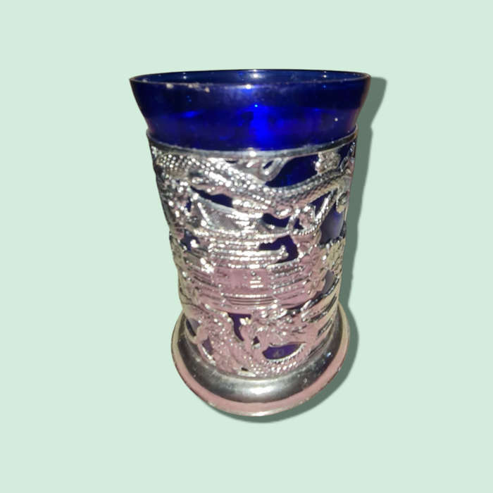 Two Stylish Naked Lady mugs- Blue Glass & Chrome  Mug Oriental Theme  Vintage 1960s  Mid Century
