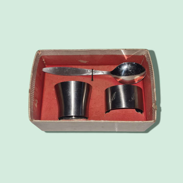 Vintage Stainless Steel Baby Gift Set, Angora Spoon Egg Cup & Napkin Ring