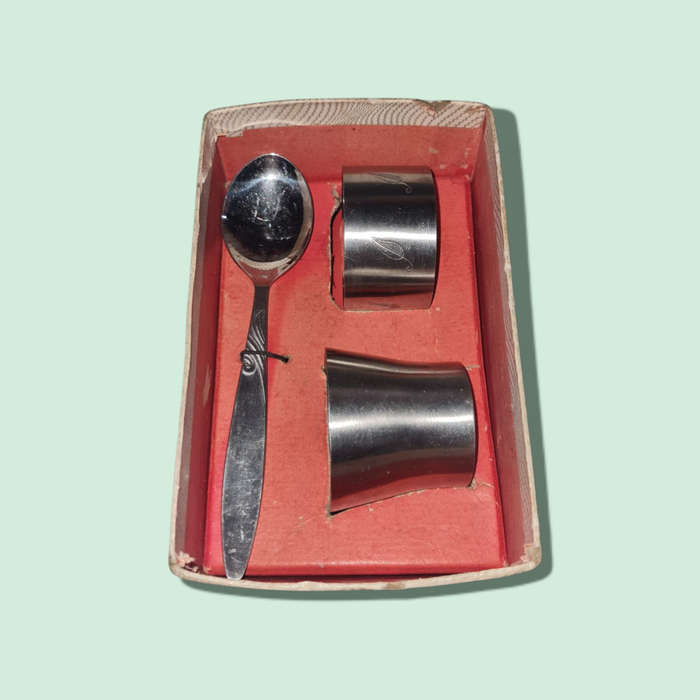 Vintage Stainless Steel Baby Gift Set, Angora Spoon Egg Cup & Napkin Ring