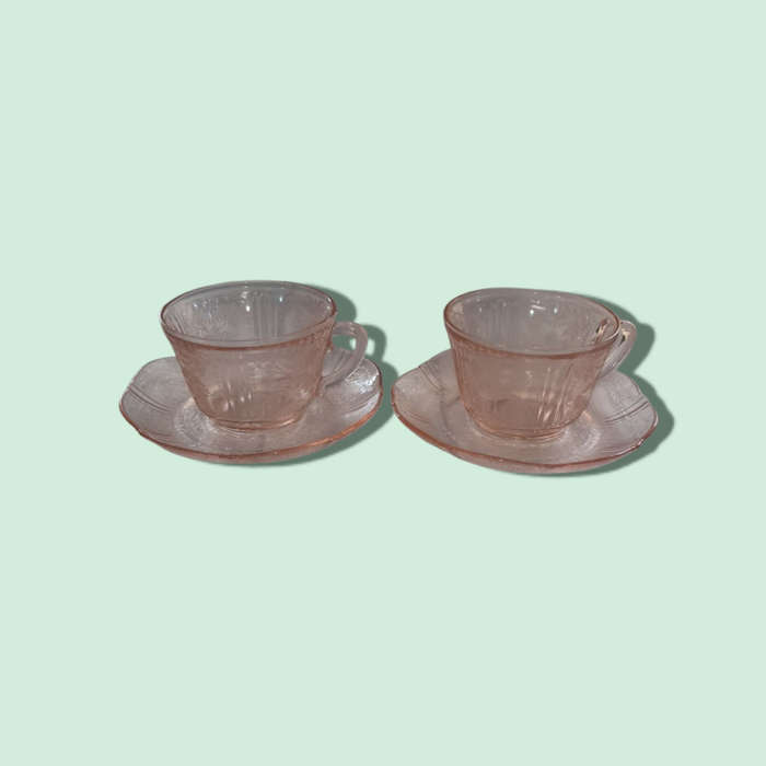 Depression Glass - Cups And Saucers Set Of 2