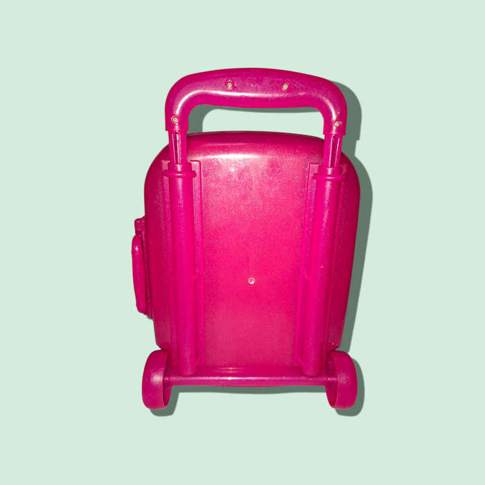 Child's Wheeled Suitcase Extending Handle with two Barbie dolls and accessories