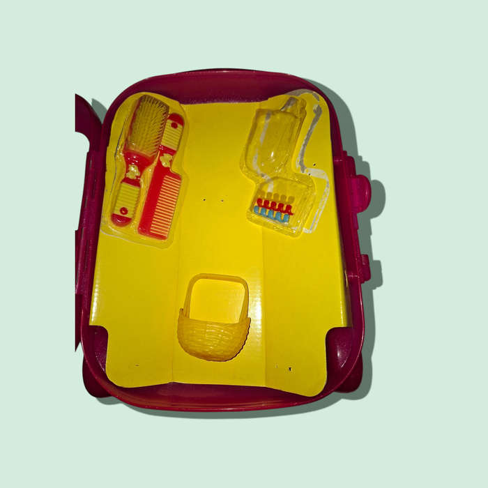 Child's Wheeled Suitcase Extending Handle with two Barbie dolls and accessories