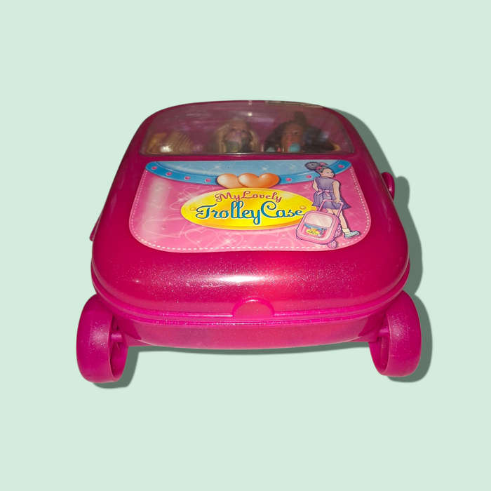 Child's Wheeled Suitcase Extending Handle with two Barbie dolls and accessories