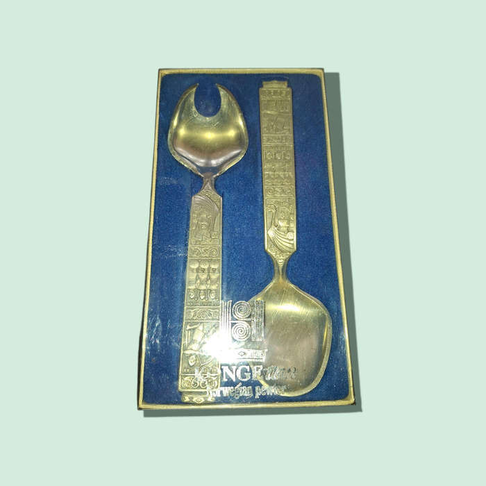 Vintage SET Norway Konge Tinn Saga SERVING SPOON & FORK Viking Heilag Olav Large