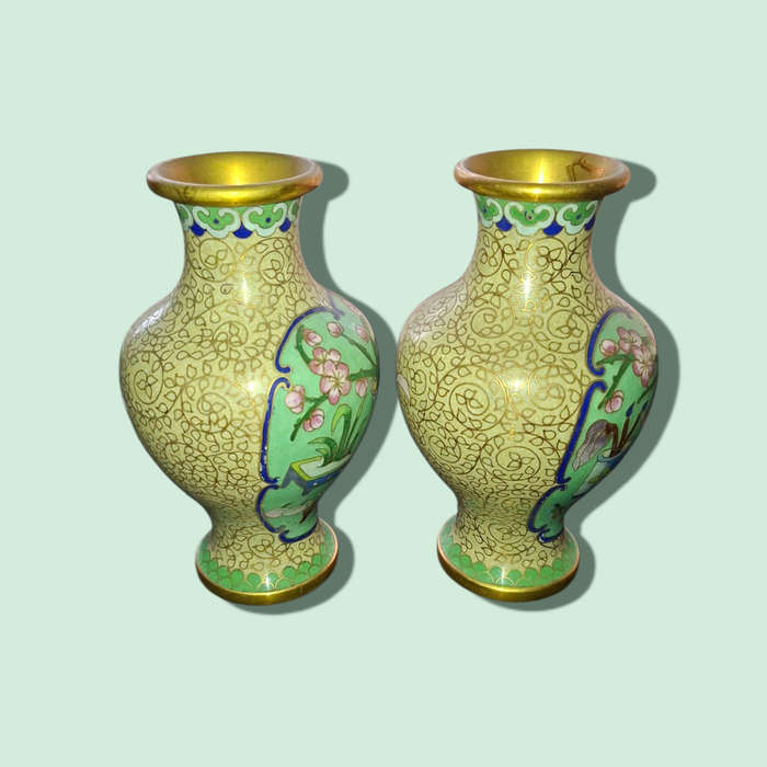 Miniature Enamel on Brass Bud Vase Floral Pattern Vintage Metal