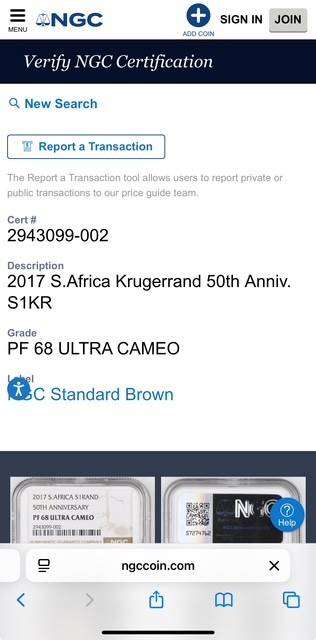 2017 Proof Silver Krugerrand - 50th Anniversary Privy Mark.