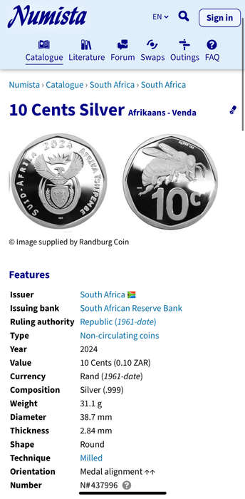2024 Proof Silver (.999) 1oz South Africa 10 cent - the Cape Honey Bee