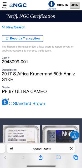 2017 Proof Silver Krugerrand - 50th Anniversary Privy Mark.