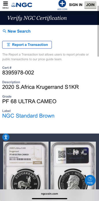 2020 Proof Silver Krugerrand - NGC graded PF69 Ultra Cameo