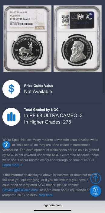 2020 Proof Silver Krugerrand - NGC graded PF69 Ultra Cameo