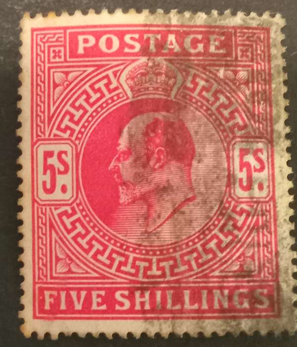 GB King Edward 1901-1910 5 Shillings deep Red Stamp