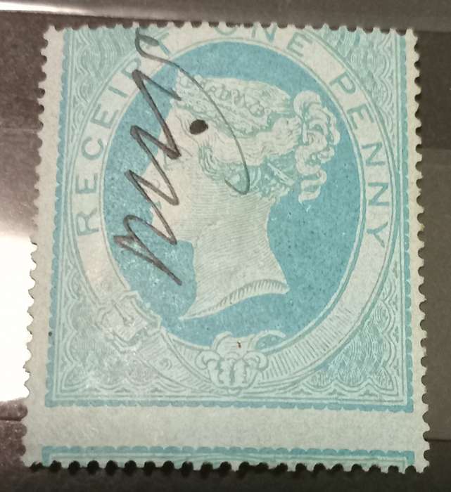 GB-fiscal/ revenue stamp. QV receipt one penny with perf shift and blue paper