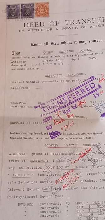 (80)Rhodesia(BSAC) 1913 1 Pound Pair On complete Deed of Transfer, incl. 5&10 Shillings all perfined