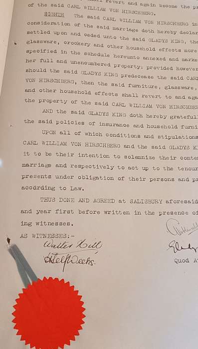 BSAC, Rhodesia, 1s used on Antenuptial contract dated May 1923 Black and Light Blue