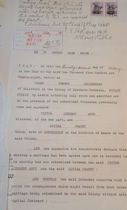 Southern Rhodesia 6d Pair on Divorce Page, registered @ Salisbury, Rhodesia May 1928