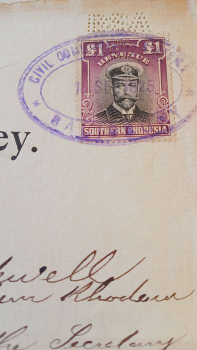 Southern Rhodesia Revenue, £1 (1924) PERFORATED BSAC Dated 1925 on General Power of Attorney 1 page