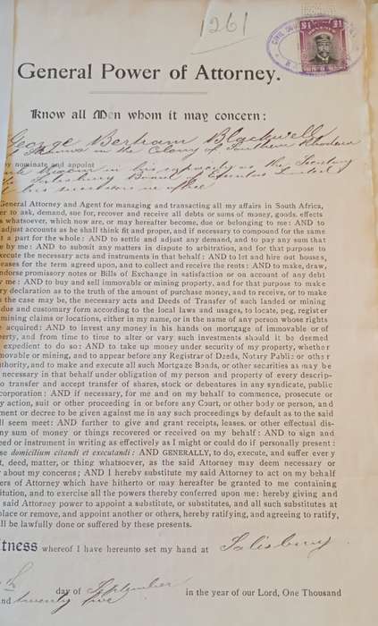 Southern Rhodesia Revenue, £1 (1924) PERFORATED BSAC Dated 1925 on General Power of Attorney 1 page
