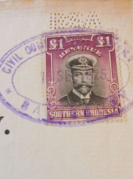 Southern Rhodesia Revenue, £1 (1924) PERFORATED BSAC Dated 1925 on General Power of Attorney 1 page