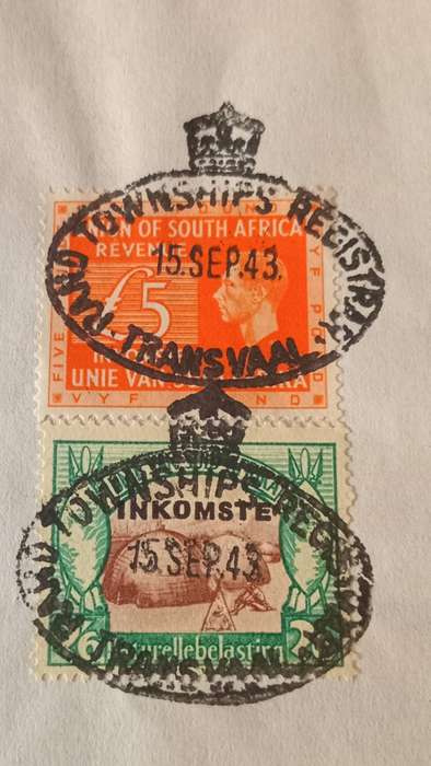 Union of SA 2x Revenue stamps £5 & 2s/6 on Deed of Transfer 1943