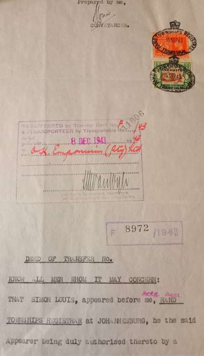 Union of SA 2x Revenue stamps £5 & 2s/6 on Deed of Transfer 1943