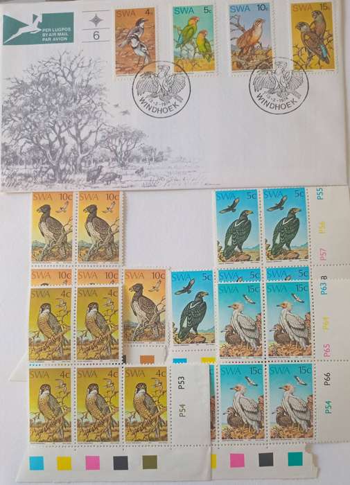 SWA Birds - Set of 4 Control Blocks of 5 each - 1975 & FDC - MNH
