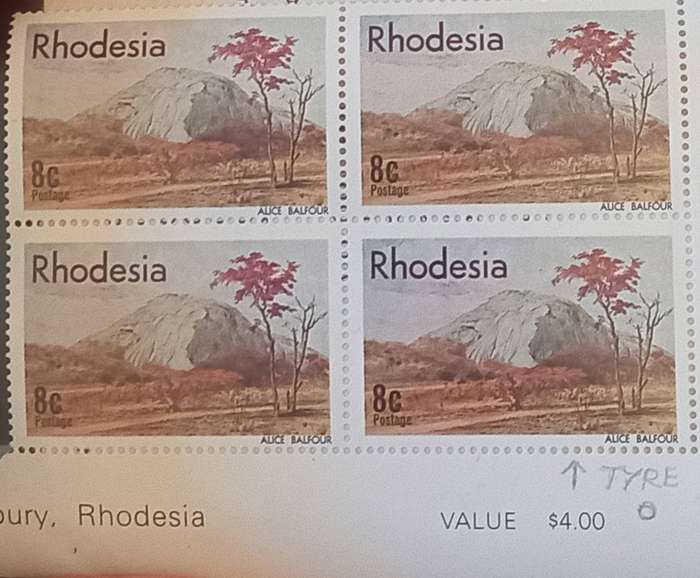 RHODESIA 1977, 8c SCARCE Black "TYRE" at side of road" #C170b, Var on bottom right stamp block of 4