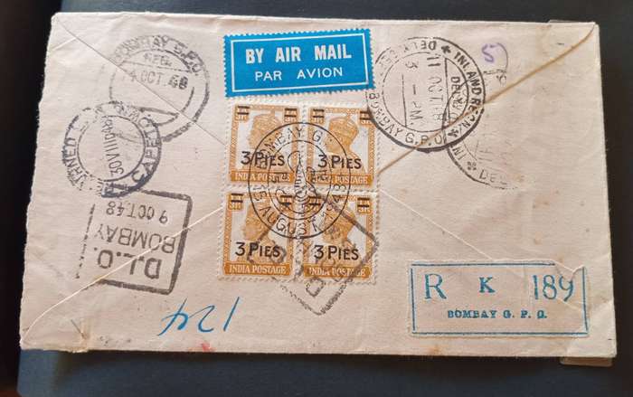 GANDHI 1948 FDC COVER VERY RARE FDC, VIA AIRMAIL TO SOUTH AFRICA + BLOCK OF 4 ANNAS Attached to back