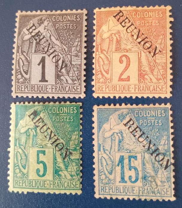 FRENCH COLONIES OVP REUNION ISSUES OF 1891 Selection of 4 Stamps MH&VFU