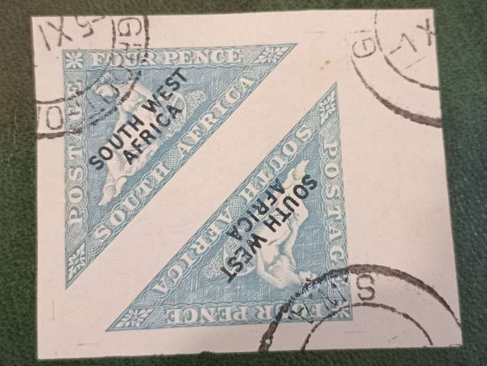 South West Africa 1927 SG 55Aa"SOUTH WEST/AFRIKA" 4d triangular bluegrey,tete-beche pair