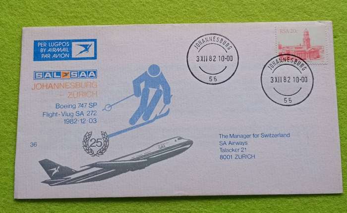 SA AIRWAYS Boeing 747 AIRMAIL COVER JOHANNESBURG-ZURICH COVER 1982