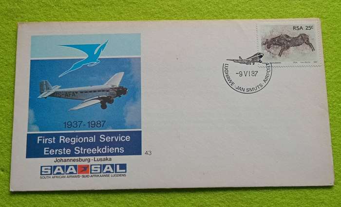 SAL 1987 FIRST REGIONAL SERVICE COVER JAN SMUTS AIRPORT CERTIFIED FLOWN ON FLIGHT SA060 ZS-SIB