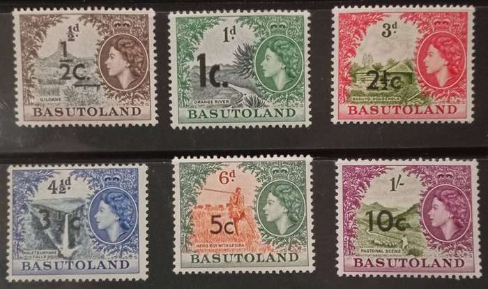 BASUTOLAND 1961 DECIMAL SURCHARGE SET OF 6 MNH, WITH TYPE 1&2+BASIC, SOME POSITIONING VARIETY'S