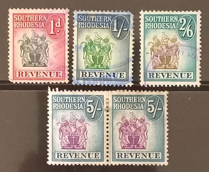 Southern Rhodesia 1954 Revenue stamps x 5 FU, 5/-pair