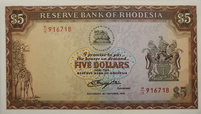 5 (FIVE) DOLLARS - 1978 - Rhodesia - Choice BRILLIANT Uncirculated  B/UNC  - EXTRAORDINARY Note !